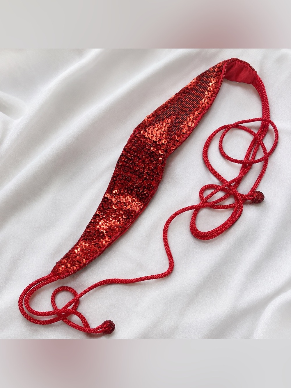 Vintage Red Sequin Tie Belt Beaded Waist Belt Glam Festival Boho 62”